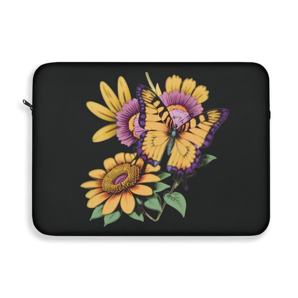 Pink Sunflower Sleeve, Sunflower Laptop Sleeve, Butterfly Sleeve Present, Sunflower Sleeve Gift, Yellow Butterfly Gift, Yellow Sunflower