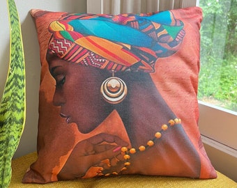 African Throw Pillow Cover, Indoor Outdoor Pillow, Decorative Pillow, African Queen, African Heritage, Fits 18x18 or 20x20 Inserts