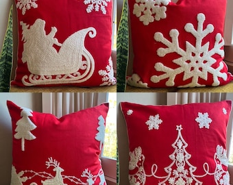 Christmas Embroidered Throw Pillow Covers, Holiday Pillows, Red Holiday Decor, Christmas Decorating, Fits 18x18 or 20x20 inserts