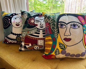 Set of 3 Frida Kahlo Embroidered Throw Pillow Covers,  Vintage Crewel, Mexican Artist, Boho Decor, Feminist Art, Pro Choice