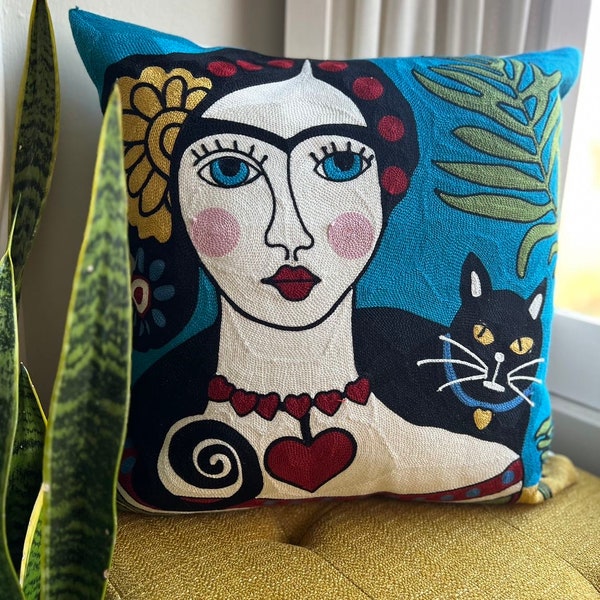 Frida Kahlo and Cat Self Portrait,  Embroidered Throw Pillow Cover 18x18, Boho Decor, Pillowcase, Feminist Art, Gift for Artists