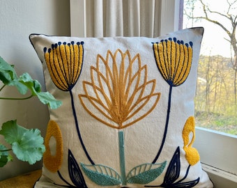 Spring Floral Embroidered Throw Pillow Cover, Tufted Pillow, Spring Decor, Lotus Flower, Plant Pillow, Fits 18x18 or 20x20 Inserts