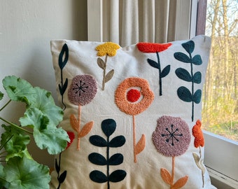 Spring Floral Embroidered Throw Pillow Cover, Tufted Pillow, Spring Decor, Funky Pillow, Plant Pillow, Fits 18x18 or 20x20 Inserts