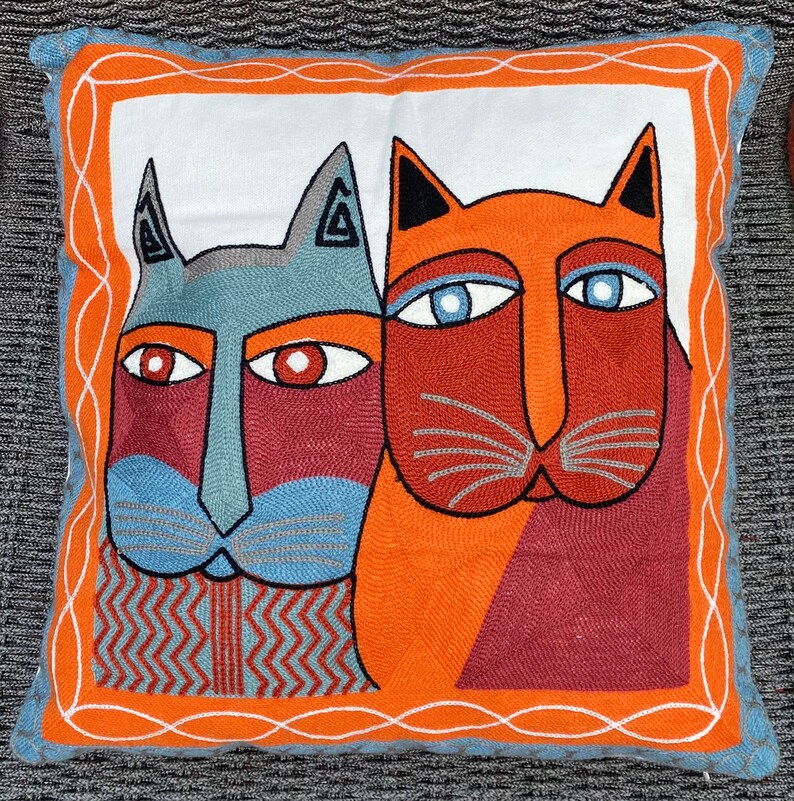 Best Friends Cat Art Inspired Embroidered Vibrant Throw Pillow Cover image 4