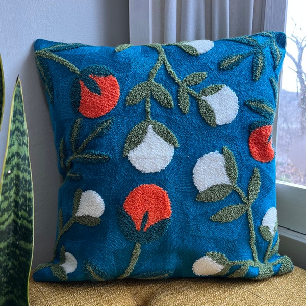 Spring Embroidered Throw Pillow Cover, Floral Pillow, Plant Decor, Boho Throw Pillow, Fits 18x18 or 20x20 inserts