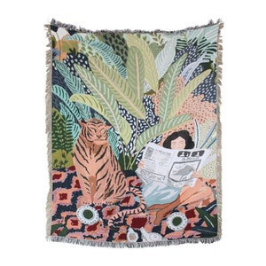 Woman and Tiger Woven Throw Blanket, Jacquard Tapestry, Boho Decor, Chill Vibes, Boho Sofa Throw, Plant Blanket