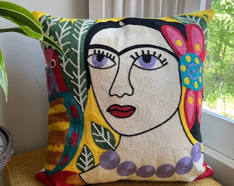 Frida Kahlo Self Portrait, Embroidered Throw Pillow Cover, Parrot Necklace & Flower, Boho Decor, Feminist Art