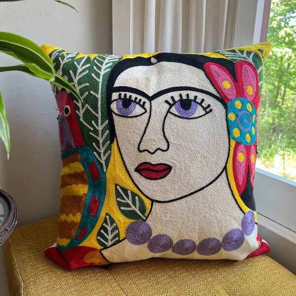 Frida Kahlo Self Portrait, Embroidered Throw Pillow Cover, Parrot Necklace & Flower, Boho Decor, Feminist Art