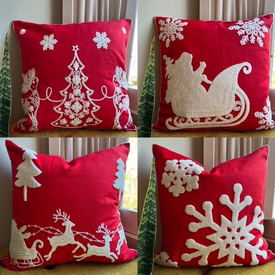 Set of 4 Embroidered Holiday Throw Pillow Covers, Christmas Decor