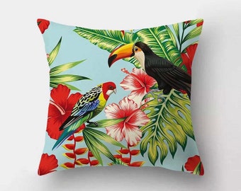 Summer Pillow Cover, Indoor/Outdoor Throw Pillow Cover, Bird of Paradise, Patio Decor, Hibiscus Flower, Florida Style, Waterproof Pillow