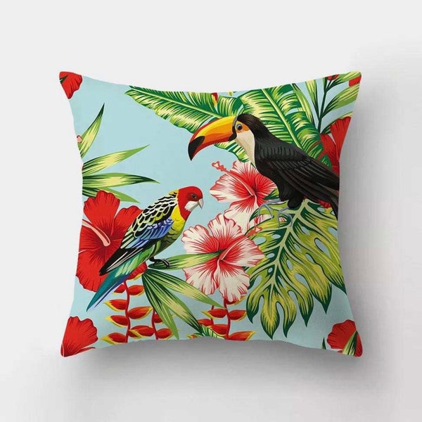 Summer Pillow Cover, Indoor/Outdoor Throw Pillow Cover, Bird of Paradise, Patio Decor, Hibiscus Flower, Florida Style, Waterproof Pillow