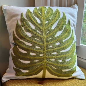 Spring Embroidered Plant Throw Pillow Cover, Monstera Leaf,  18x18 Throw Pillow, Gift for Plant Lover, Boho Decor, Spring Decorating