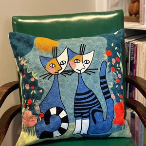 Abstract Cat Duo Embroidered Throw Pillow Cover, Gift for Cat Lovers, Fits 18x18 or 20x20 Inserts, Cat Art, Cat Embroidery