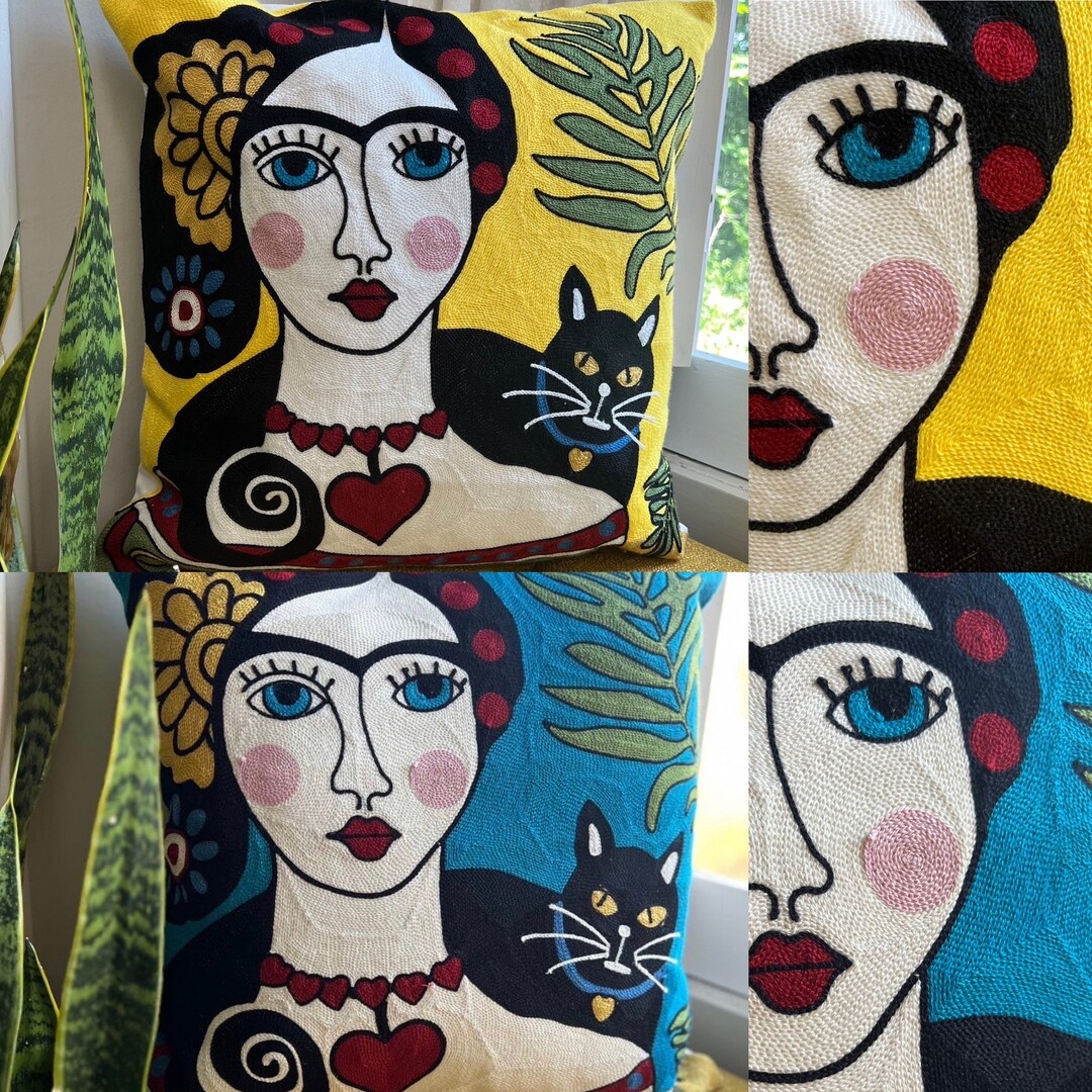 Frida Kahlo and Cat Self Portrait, Embroidered Throw Pillow Cover 18x18
