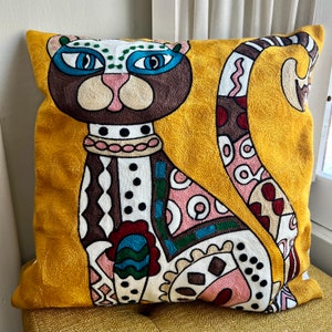 Embroidered Cat Throw Pillow Cover, Laurel Burch Inspired Abstract Cat Art, Gifts for Cat Lovers, Fits 18x18 or 20x20 Inserts