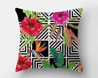 Summer Throw Pillow Cover, Indoor/Outdoor Pillow, Retro Geometric, Patio Decor, Hibiscus Flower, Florida Style, Waterproof Pillow, 18x18