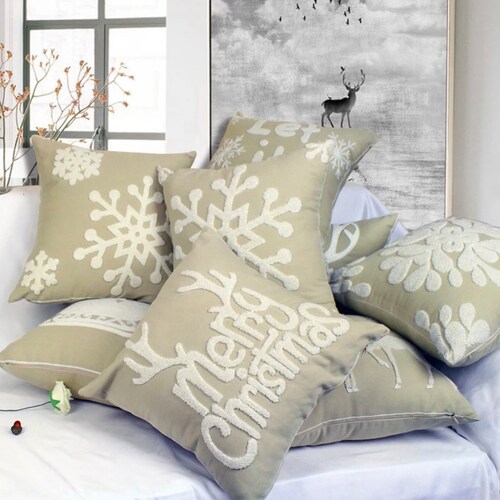 Snowflake Embroidered Throw Pillow Cover Holiday Pillows Etsy