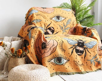 Queen Bee Throw Blanket, Jacquard Tapestry, Boho Decor, Bees Knees, Boho Sofa Throw, Bohemian Tapestry, Third Eye, Bee Blanket