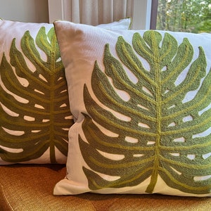 Set of 2 Spring Embroidered Plant Pillow Covers, Green Monstera Leaf, Plant Throw Pillow Cover Set, 18x18x Boho Decor, Bohemian Style