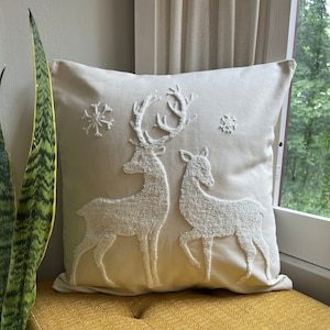 Winter Deer Embroidered Throw Pillow Cover, Holiday Pillows, Rustic Holiday Decor, Christmas Decorating, Fits 18x18 or 20x20 inserts