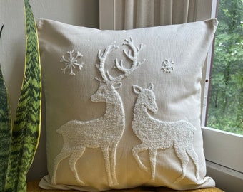 Winter Deer Embroidered Throw Pillow Cover, Holiday Pillows, Rustic Holiday Decor, Christmas Decorating, Fits 18x18 or 20x20 inserts