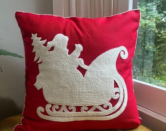 Santa Throw Pillow Cover, Embroidered Christmas Pillow, Holiday Decor, Christmas Decorating, Fits 18x18 or 20x20 inserts, Sleigh Snowflake