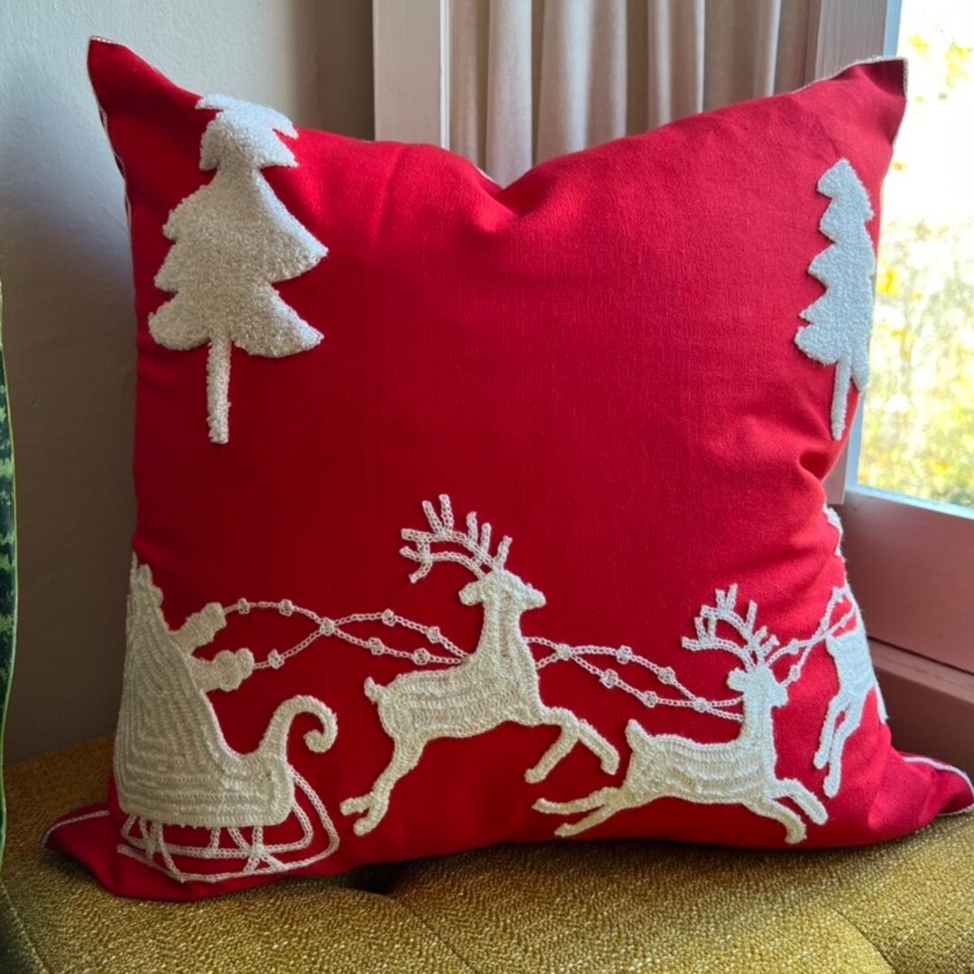 Reindeer Throw Pillow Cover, Embroidered Christmas Pillow, Holiday