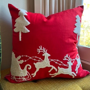 Reindeer Throw Pillow Cover, Embroidered Christmas Pillow, Holiday Decor, Christmas Decorating, Fits 18x18 or 20x20 inserts, Santa Sleigh