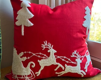Reindeer Throw Pillow Cover, Embroidered Christmas Pillow, Holiday Decor, Christmas Decorating, Fits 18x18 or 20x20 inserts, Santa Sleigh