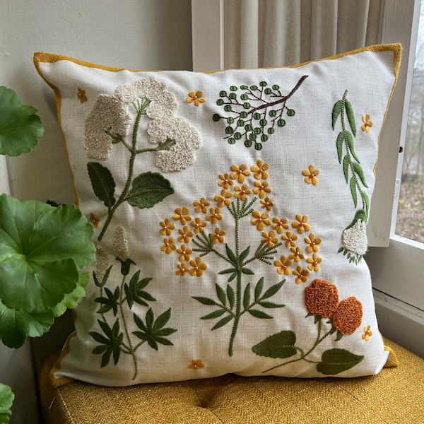 Spring Floral Embroidered Throw Pillow Cover, Wildflower Pillow, Boho Decor, Spring Decorating, Floral Pillowcase, Fits 18x18 20x20 inserts