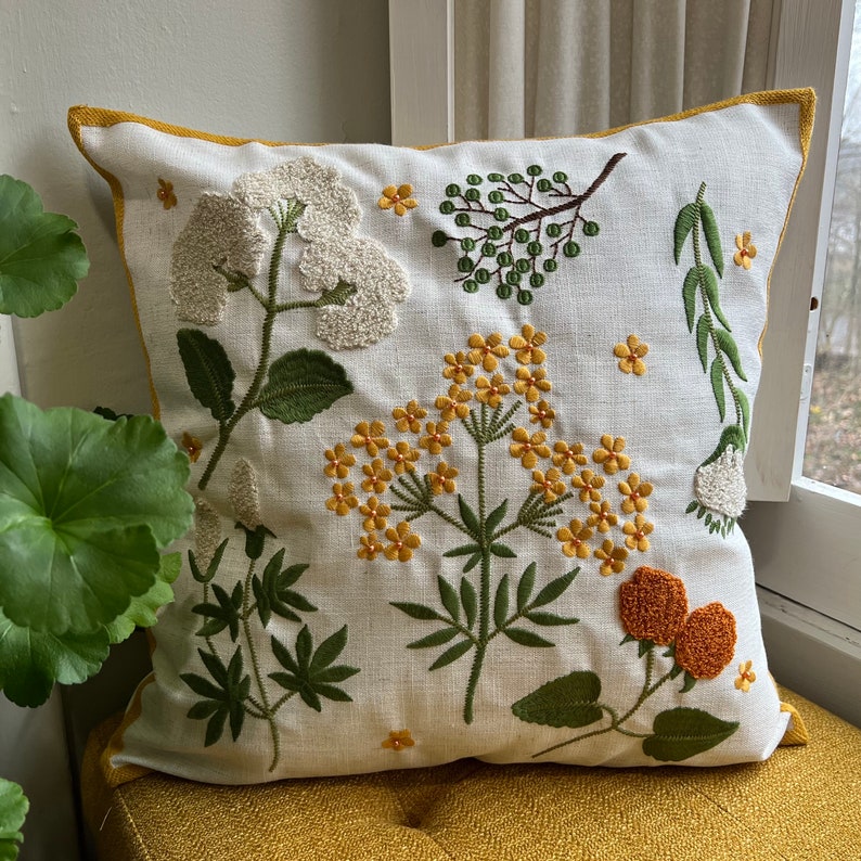 Spring Floral Embroidered Throw Pillow Cover, Wildflower Pillow, Boho Decor, Spring Decorating, Floral Pillowcase, Fits 18x18 20x20 inserts image 1