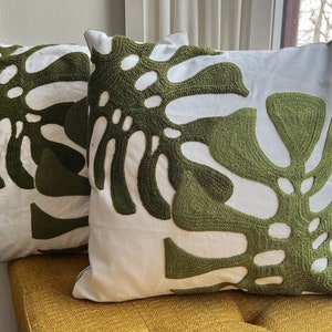Set of 2 Spring Embroidered Plant Throw Pillow Covers 18x18, Monstera Leaf, Fall Pillow, Plant Pillowcase