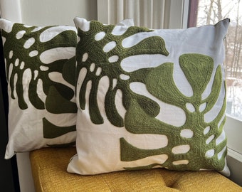 Set of 2 Spring Embroidered Plant Throw Pillow Covers 18x18, Monstera Leaf, Fall Pillow, Plant Pillowcase