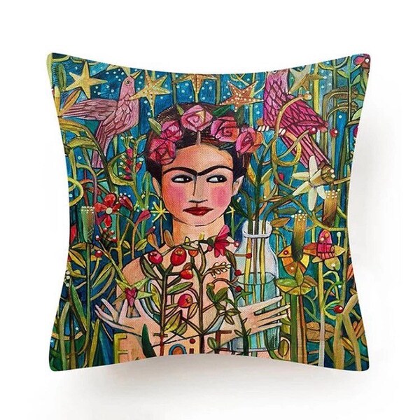 Frida Kahlo Self Portrait, Outdoor Waterproof Patio Pillow Cover, Tropical Theme, Boho Decor, Art Lover, Plant Pillow, Feminist Art