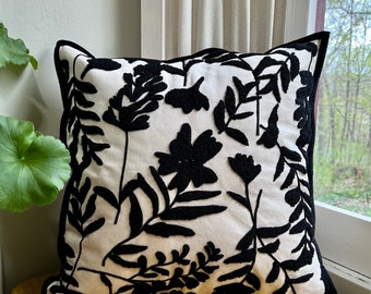 Embroidered Black and White Floral Pillow Cover, Black and White Decor, Neutral Decor, Sofa Pillows, Fits 18x18 or 20x20 inserts
