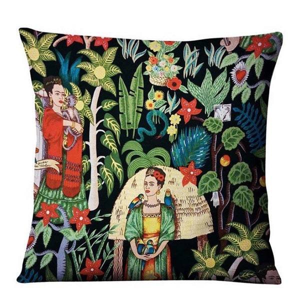 Frida Kahlo Self Portrait, Outdoor Waterproof Patio Pillow Cover, Tropical Theme, Boho Decor, Art Lover, Plant Pillow, Feminist Art