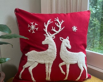 Winter Deer Embroidered Throw Pillow Cover, Holiday Pillows, Rustic Holiday Decor, Christmas Decorating, Fits 18x18 or 20x20 inserts