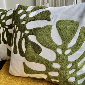 Embroidered Plant Pillow Cover, Spring Decor, Monstera Leaf Pillow, Fits 18x18 or 20x20 Inserts