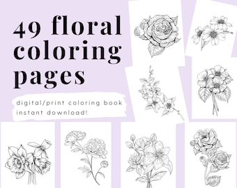 49 Coloring pages floral, botanical, flowers, printable, digital coloring book