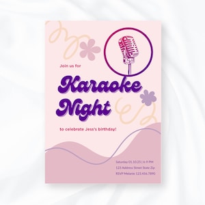 Editable Karaoke Birthday Invitation Template Pink Purple Vintage Retro Invite Karaoke Invitation Canva Template 5x7 Karaoke Night Flyer