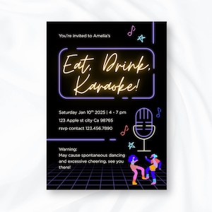 Editable Karaoke Party Invitation Template Neon Karaoke Flyer Eat Drink Karaoke Invite Karaoke Night Canva Invitation Birthday Invite