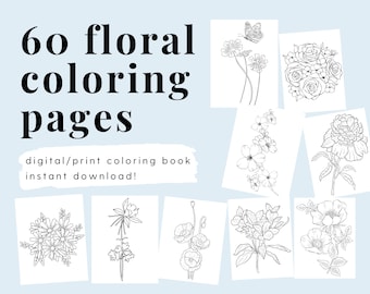 60 Coloring pages floral, botanical, flowers, printable, digital coloring book
