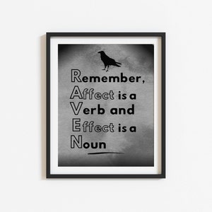 Puede incluir: Impresión tipográfica en blanco y negro con una silueta de cuervo. El texto dice "Recuerda, Afectar es un verbo y Efecto es un sustantivo".