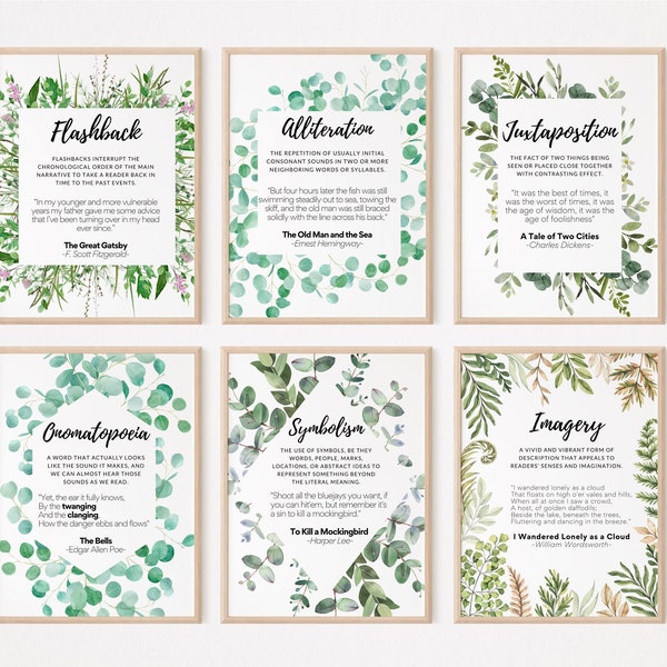 LITERARY DEVICE POSTERS set of 10 | Greenery Floral | Digital Download | English Classroom | class decor | writing poster | literature |