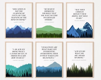 May include: Six framed art prints with inspirational quotes and mountain landscape designs. Each print features a different quote by famous figures like Albert Einstein and Nelson Mandela, with a color palette of blues and greens.