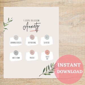 Póster con pasos para aliviar la ansiedad / Decoración para terapia de salud mental (Descarga digital)