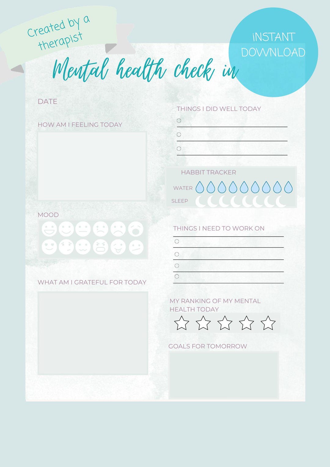 Daily Mental Health Check-in Printable | Self Care Mood Tracker ...