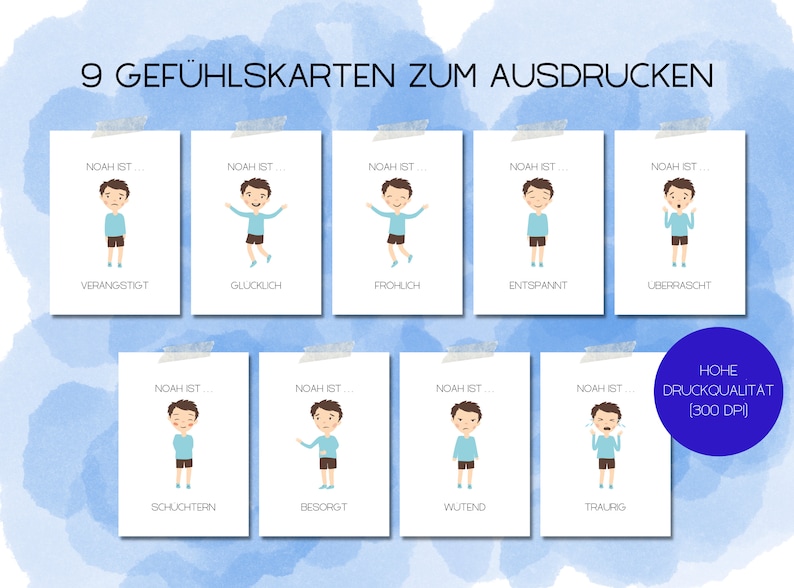 9 Gefühlskarten Kinder zum Ausdrucken, als PDF in A4 und A6, Montessori