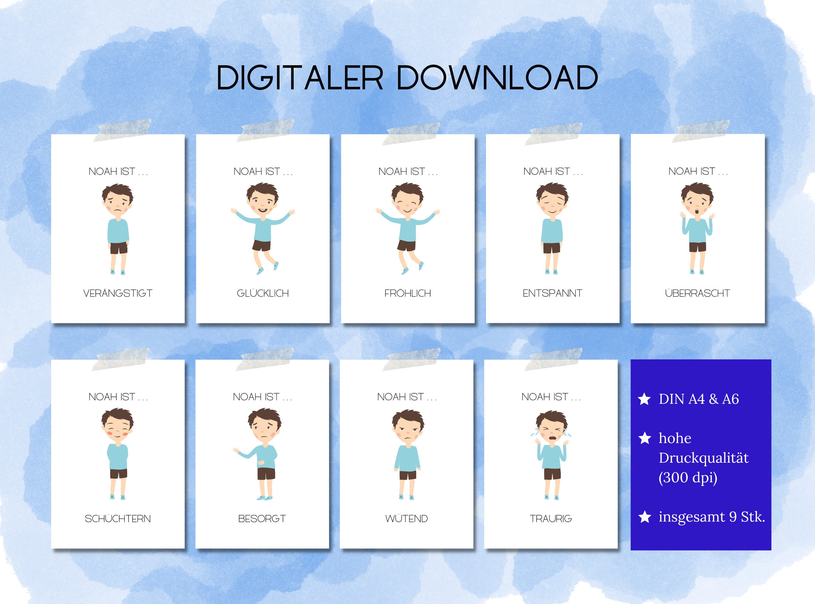  9 Children's Emotion Cards to Print Out, as PDF in A4 and A6 Bildidee 