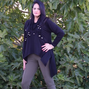 Black Long Sleeve Asymmetrical Tunic, Tunic with matching Necklace, Oversize Loose Fit Blouse, Plus Size Tunics L - 6XL , 6 colors available